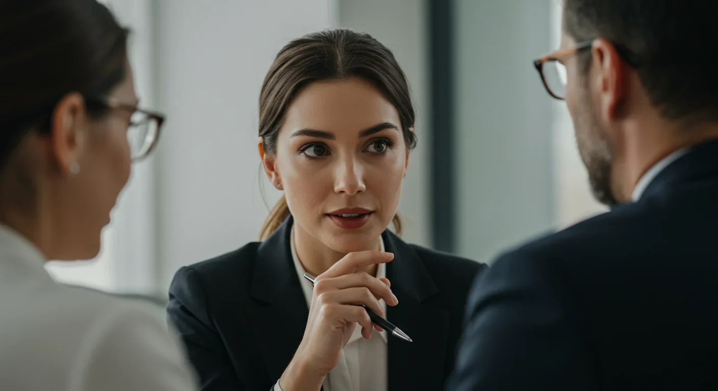 Two professionals in focused conversation during a business meeting showing neutral expressions