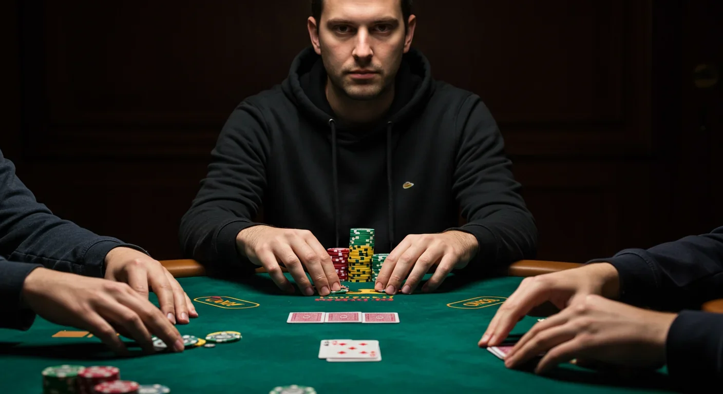 Professional poker player maintaining composed expression while holding cards at casino table