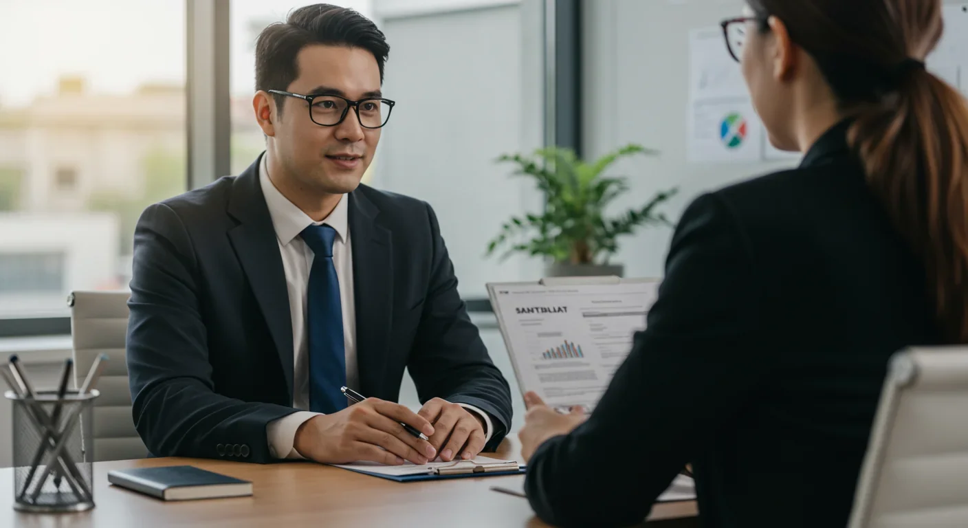 Professional maintaining composure during a job interview or salary negotiation meeting