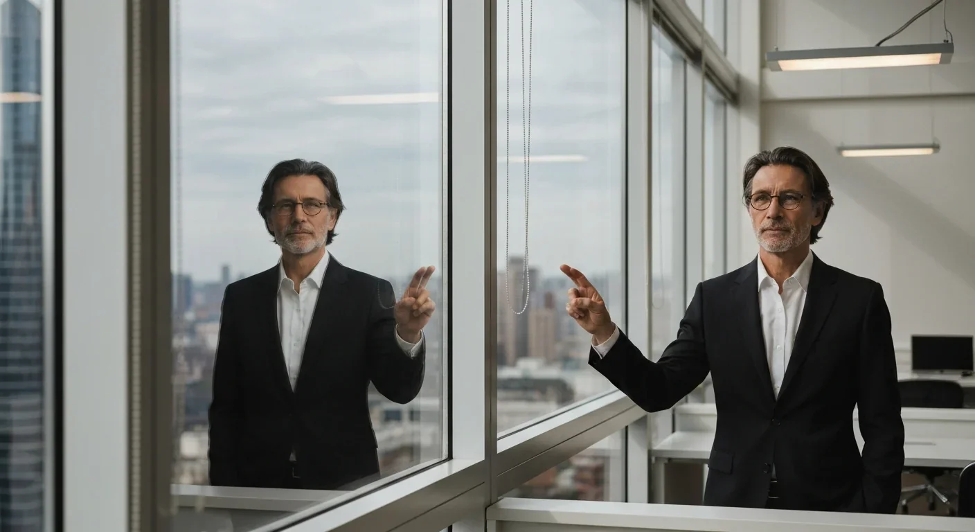Business professional gazing at their own reflection in an office window overlooking a city skyline