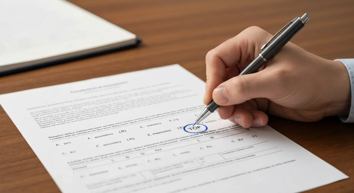 Adult hand circling a top score on a printed exam paper on a wooden desk