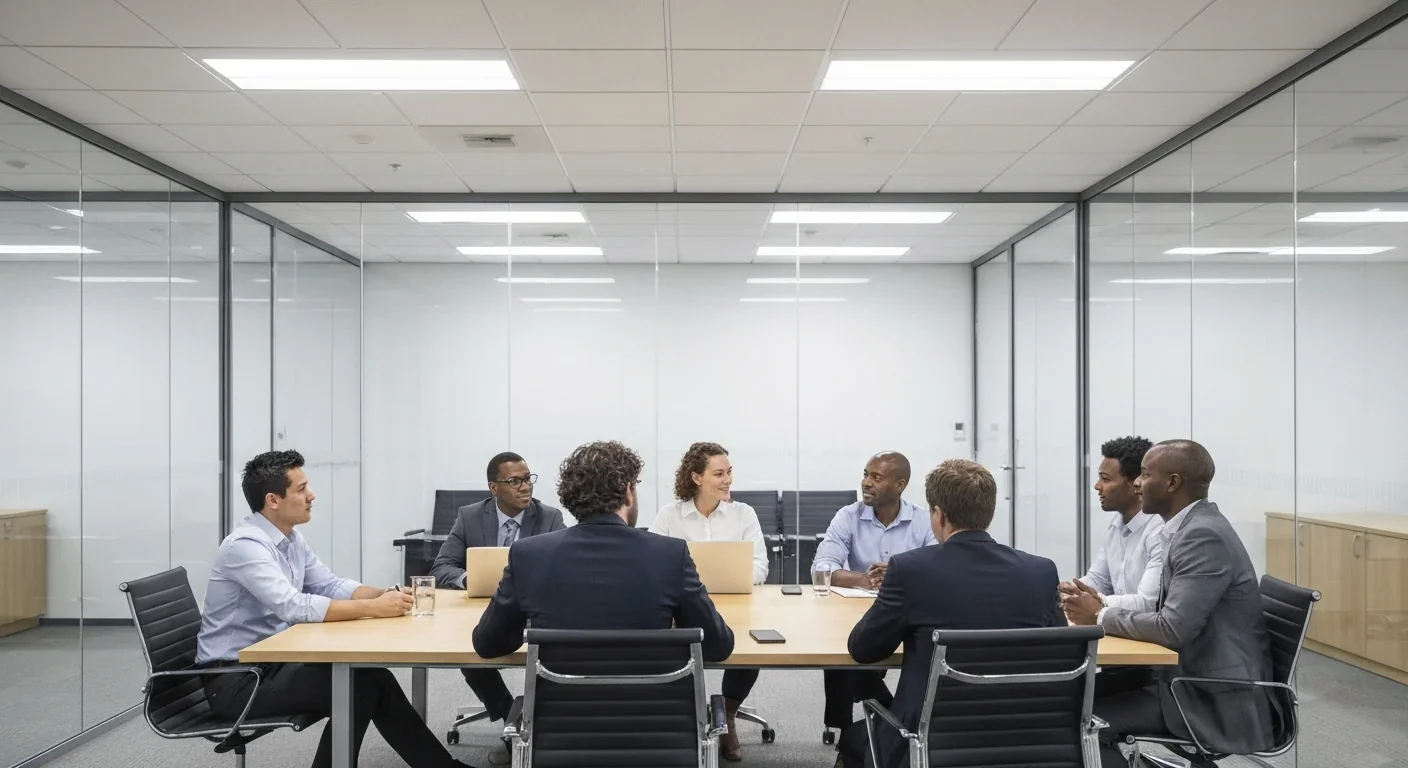 Diverse group of adult professionals in discussion around a modern conference table
