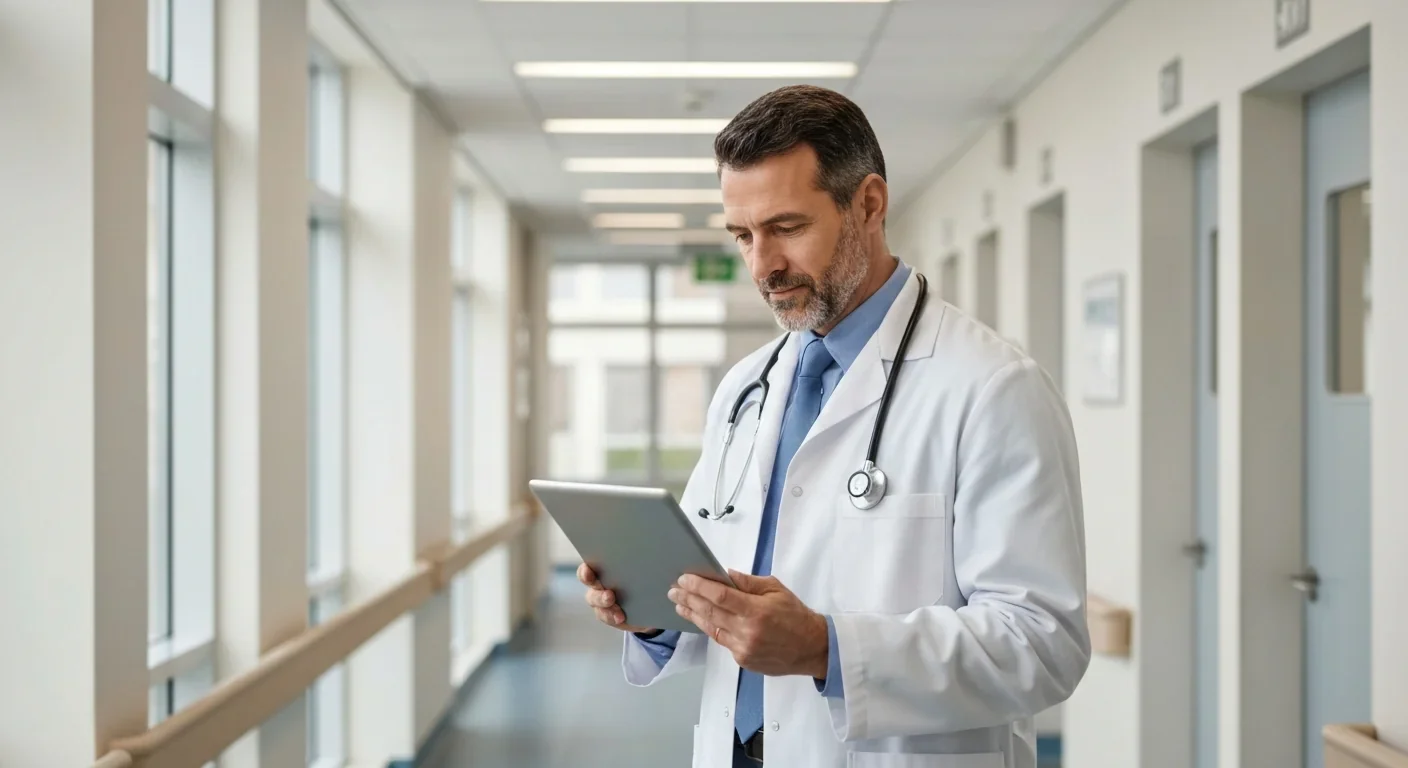 Doctor in white coat reviewing patient data on a tablet in a hospital corridor