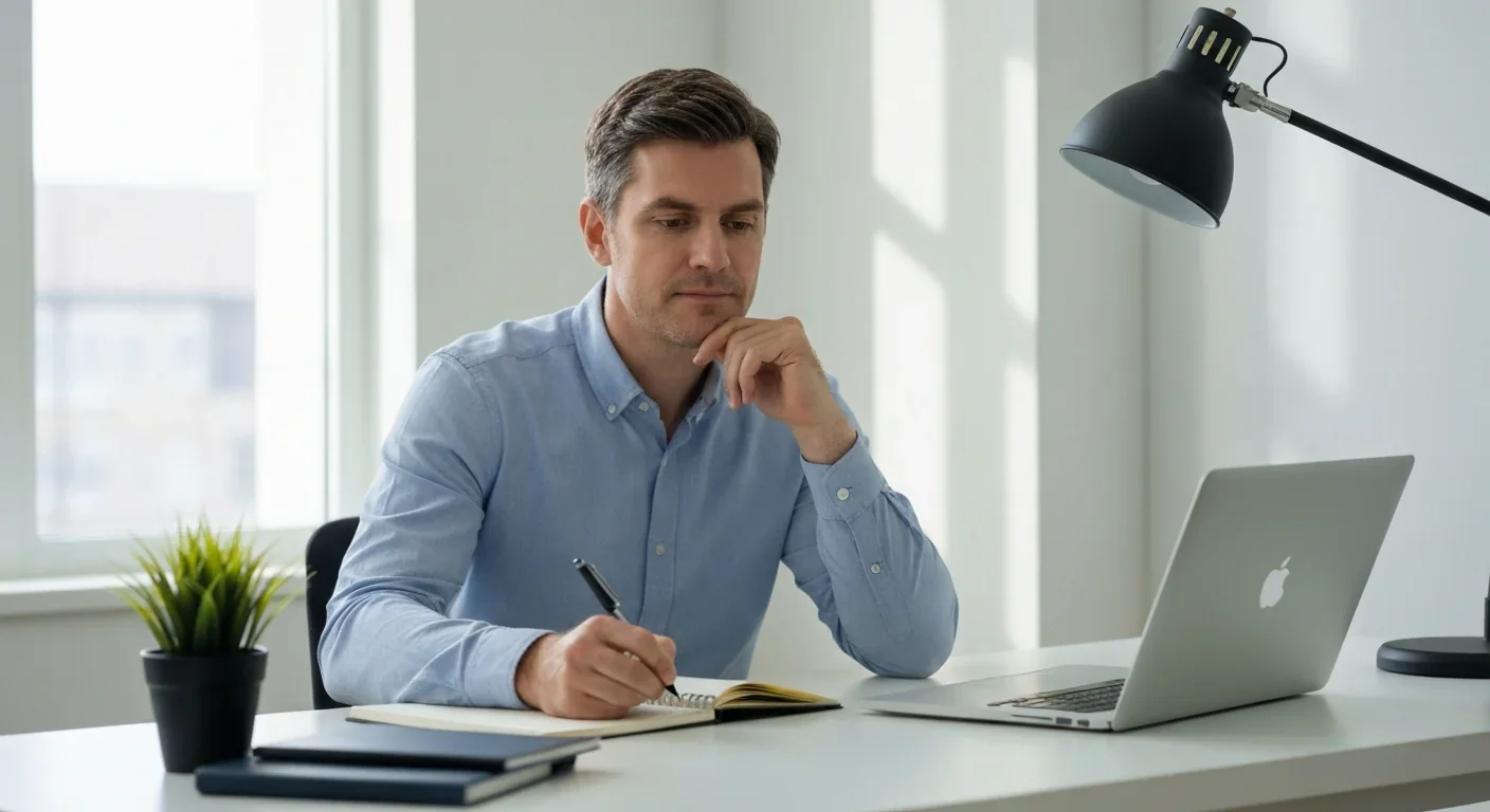 Adult writing reflective notes at a minimalist desk with laptop and notebook