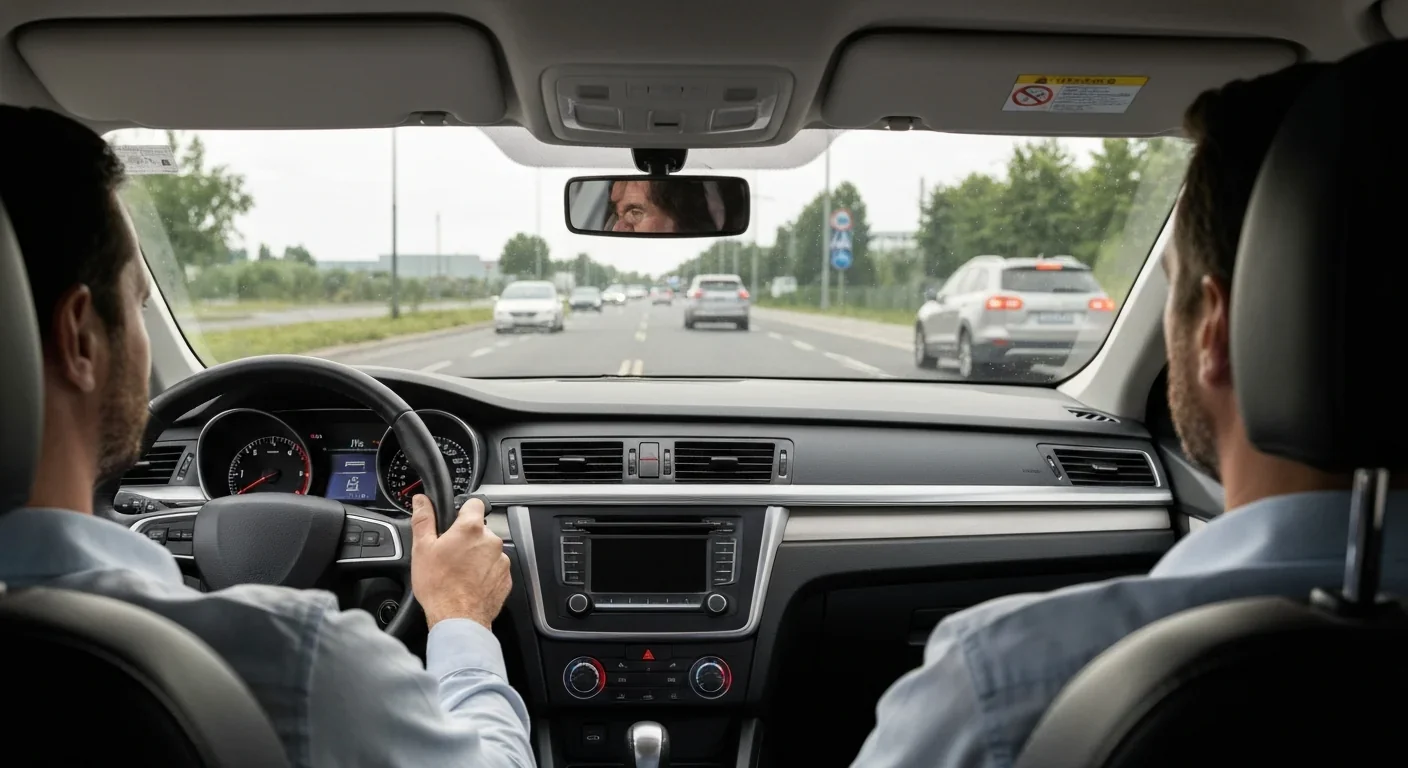 Driver experiencing divided attention between phone and road, demonstrating inattentional blindness