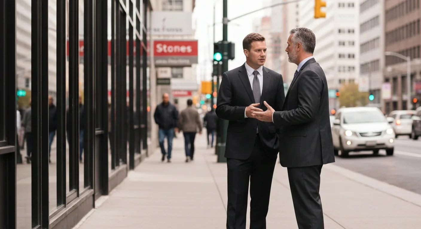 Two people conversing on city street demonstrating change blindness experiment setup