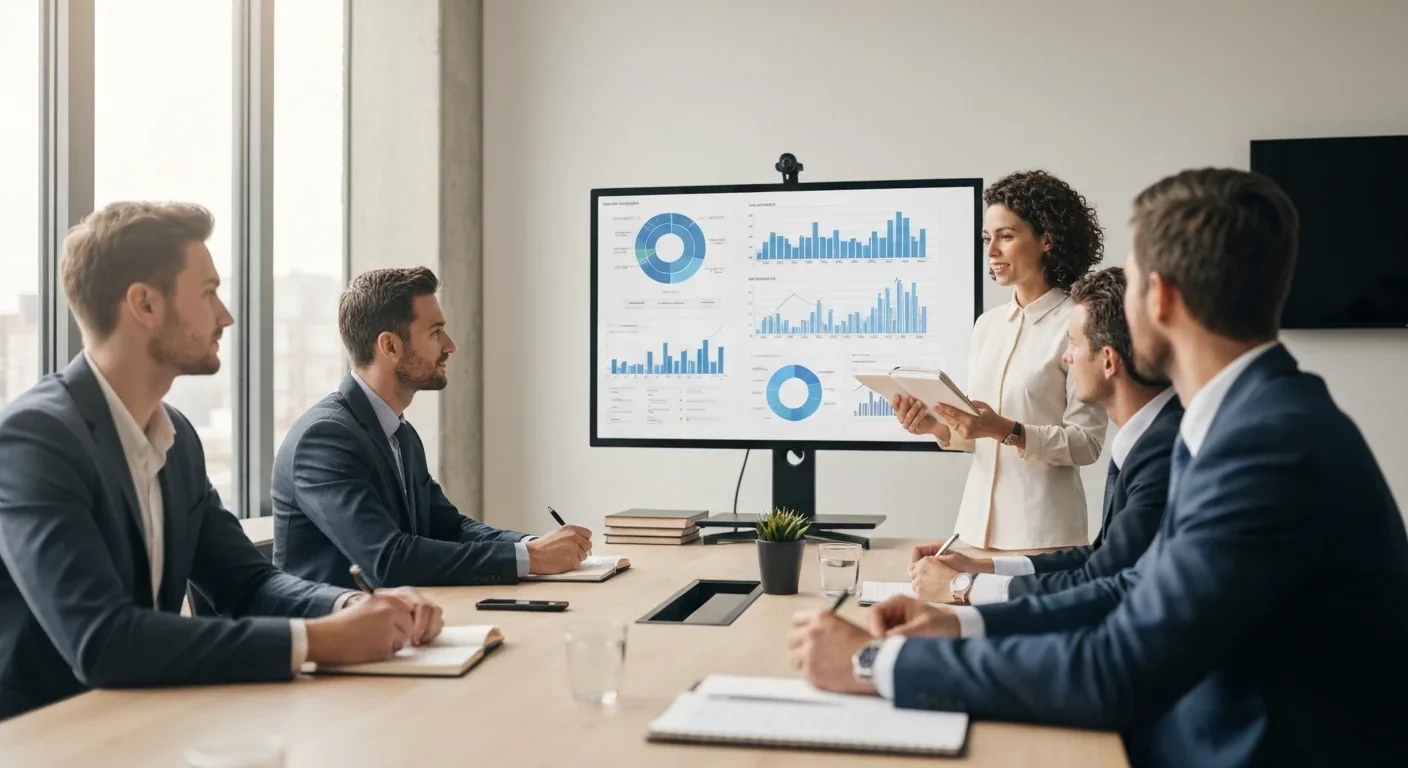 Business consultant presenting detailed analysis to executives in conference room