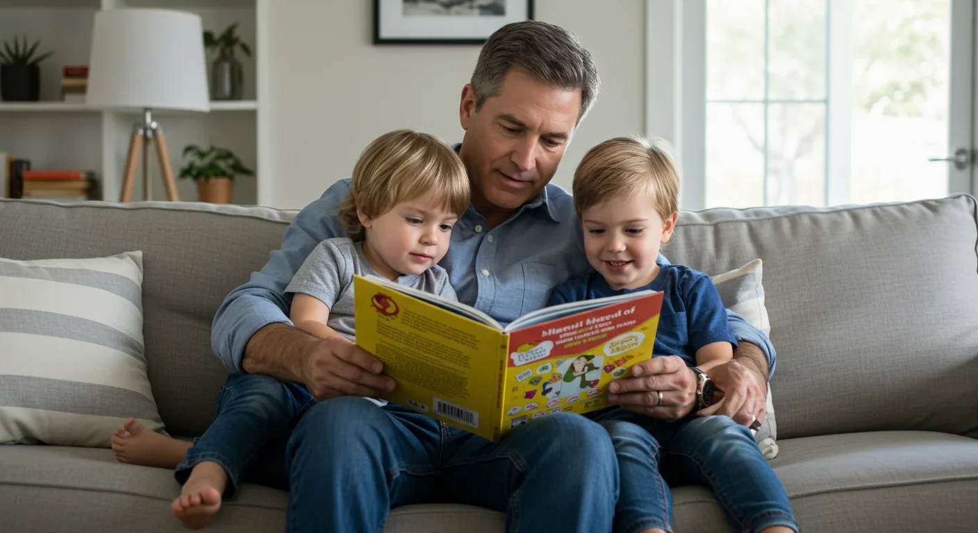 Father engaging in nurturing caregiving with his children, embodying modern positive masculinity