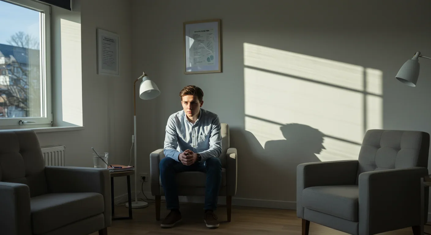 Young man in therapy session demonstrating courage to seek mental health support and confront emotional challenges