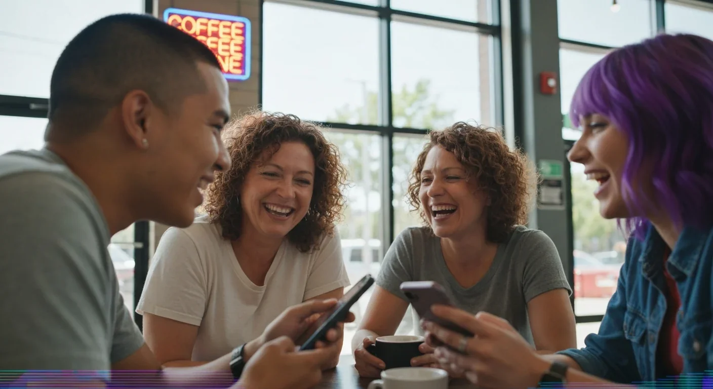 Two adult women discussing social media content over coffee, representing how digital platforms amplify social information about relationships