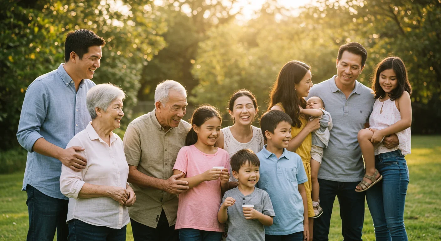 Multi-generational family representing human kinship patterns and cultural bonds
