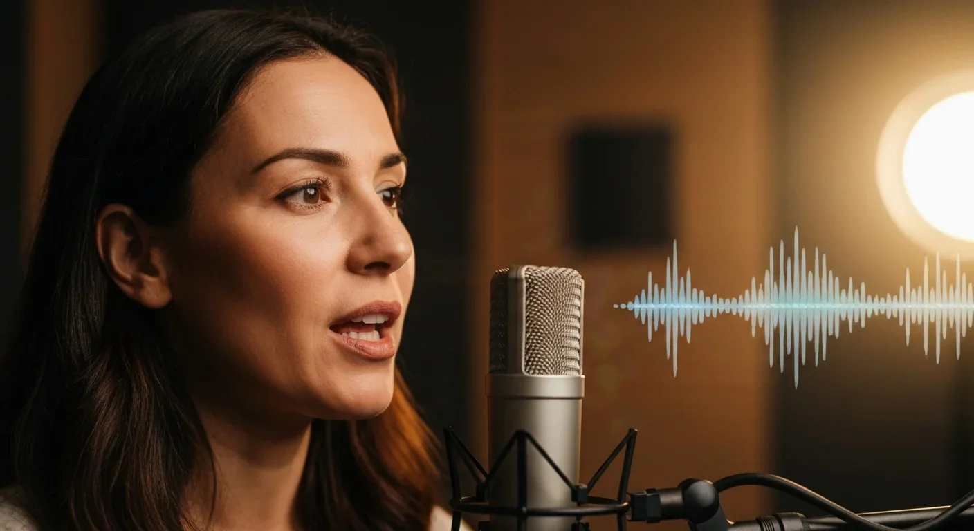 Adult woman speaking into microphone demonstrating speech production for McGurk effect research