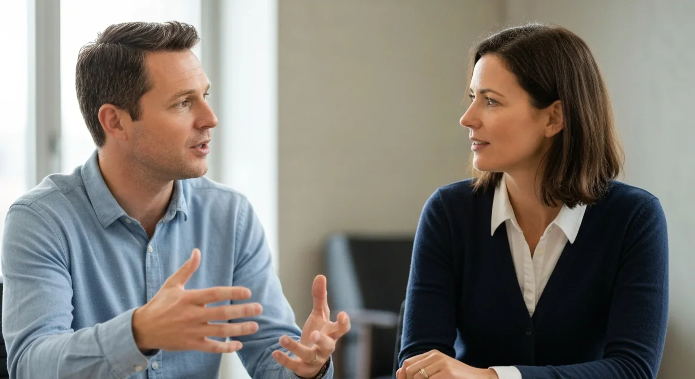 Two adults engaged in face-to-face conversation demonstrating natural audiovisual communication