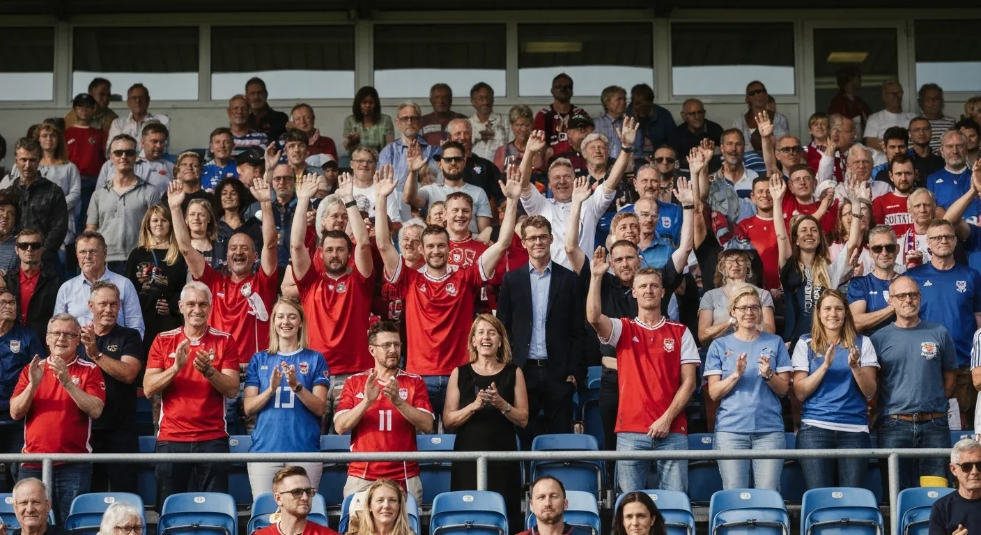 Stadium crowd of adults divided into red and blue team sections showing sports tribalism