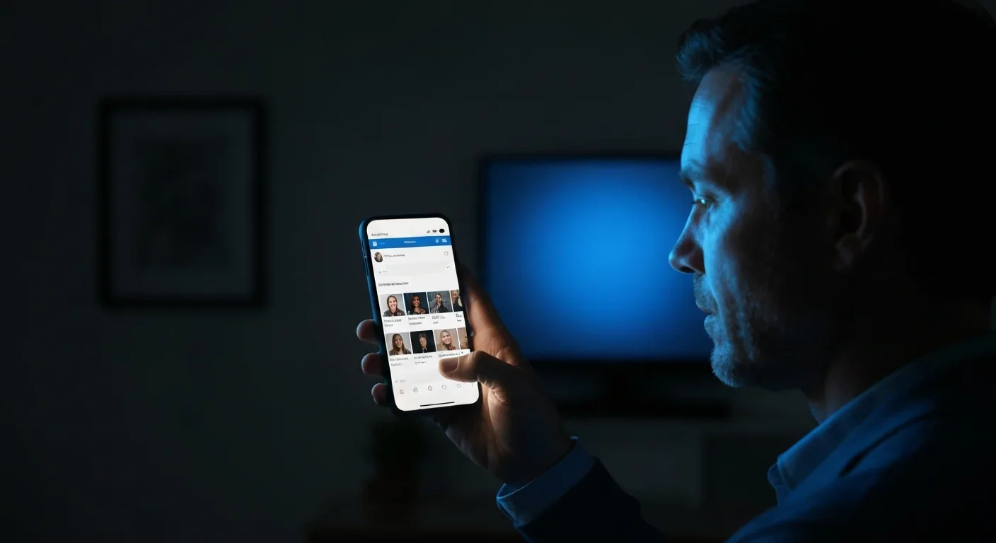 Adult viewing social media feed on smartphone in dark room illuminated by screen light