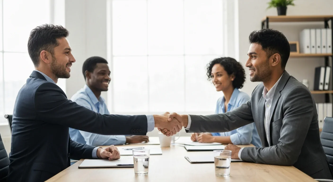 Two professionals from different backgrounds shaking hands with diverse team in background