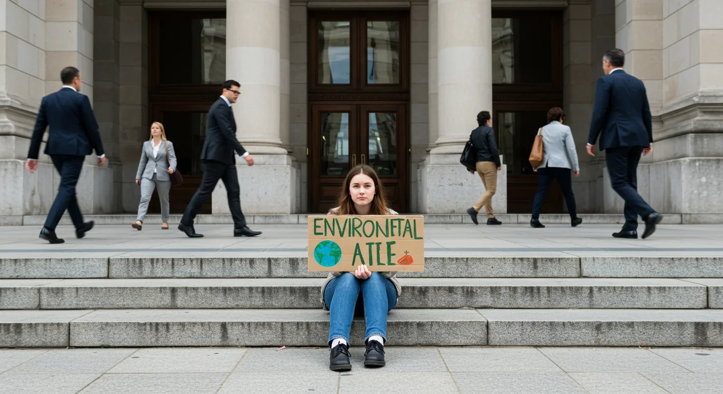Young climate activist sitting alone with handmade protest sign outside government building demonstrating individual commitment