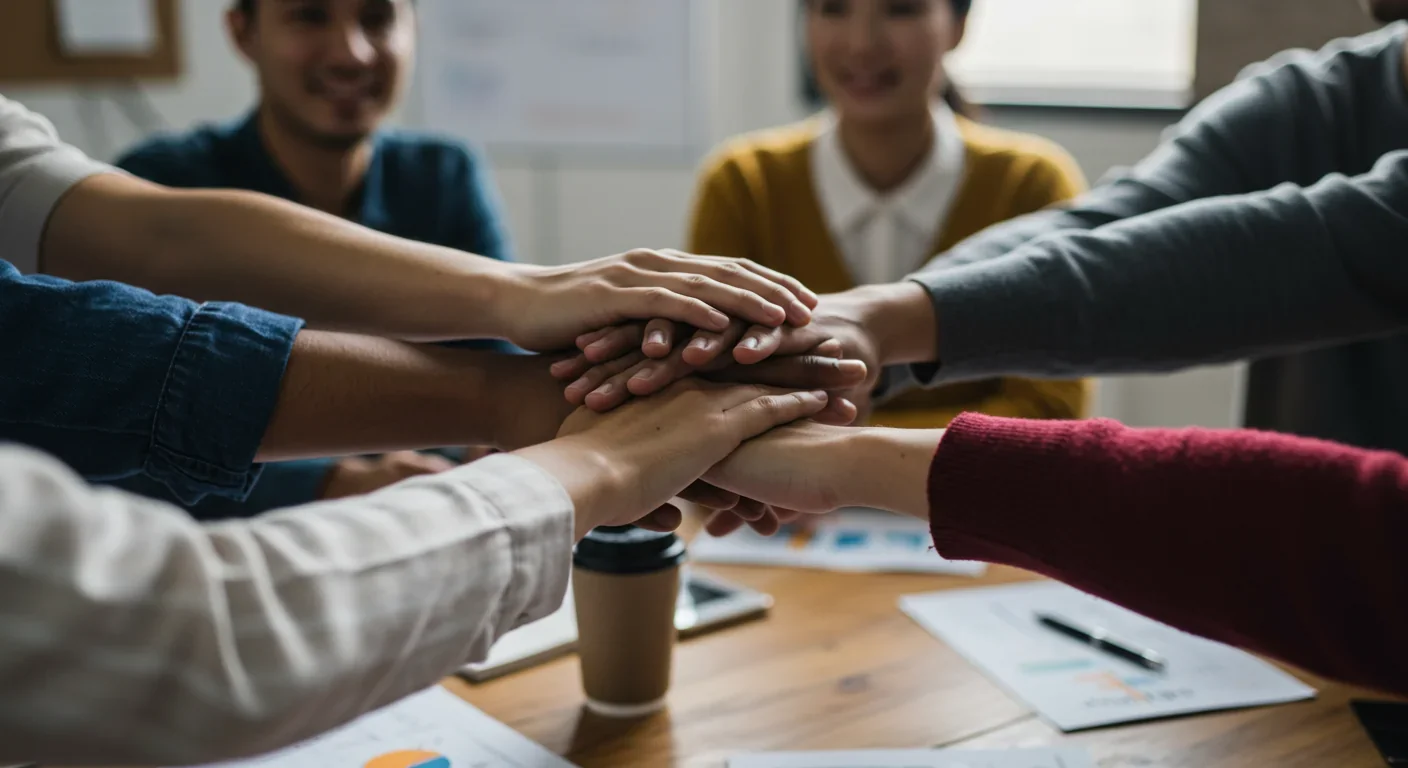 Diverse hands joining together at community organizing meeting demonstrating coalition building and solidarity