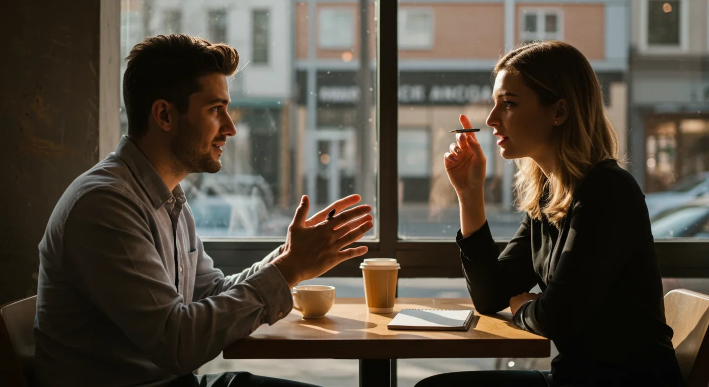 Two people engaged in conversation naturally mirroring each other's posture and gestures
