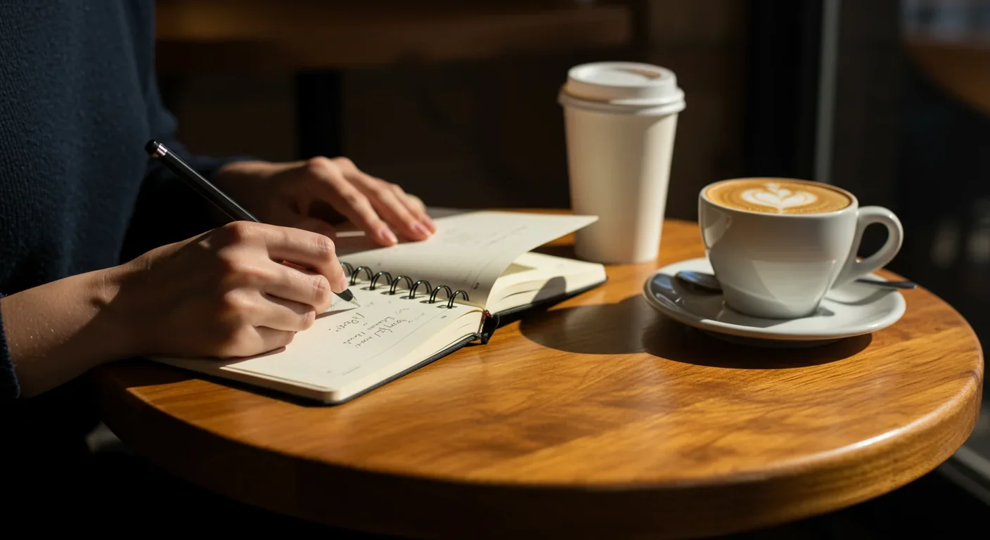 Person writing in journal at coffee shop, practicing deliberate memory reflection and emotional awareness