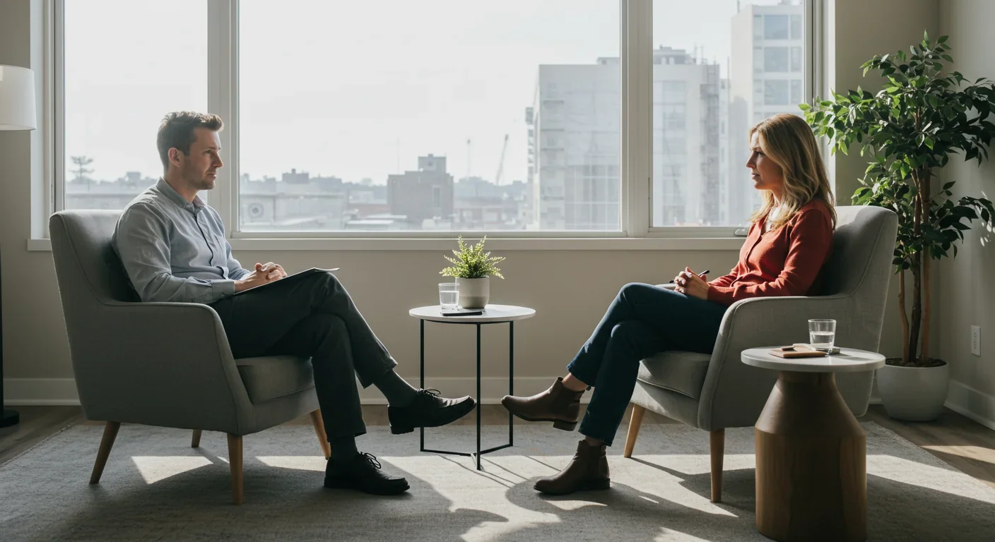 Therapist and client in counseling session working on cognitive behavioral therapy techniques