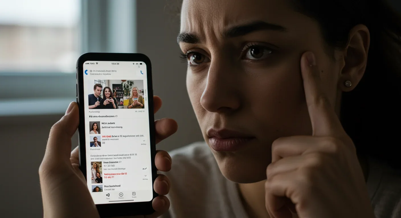 Person with conflicted expression viewing controversial social media posts on smartphone screen