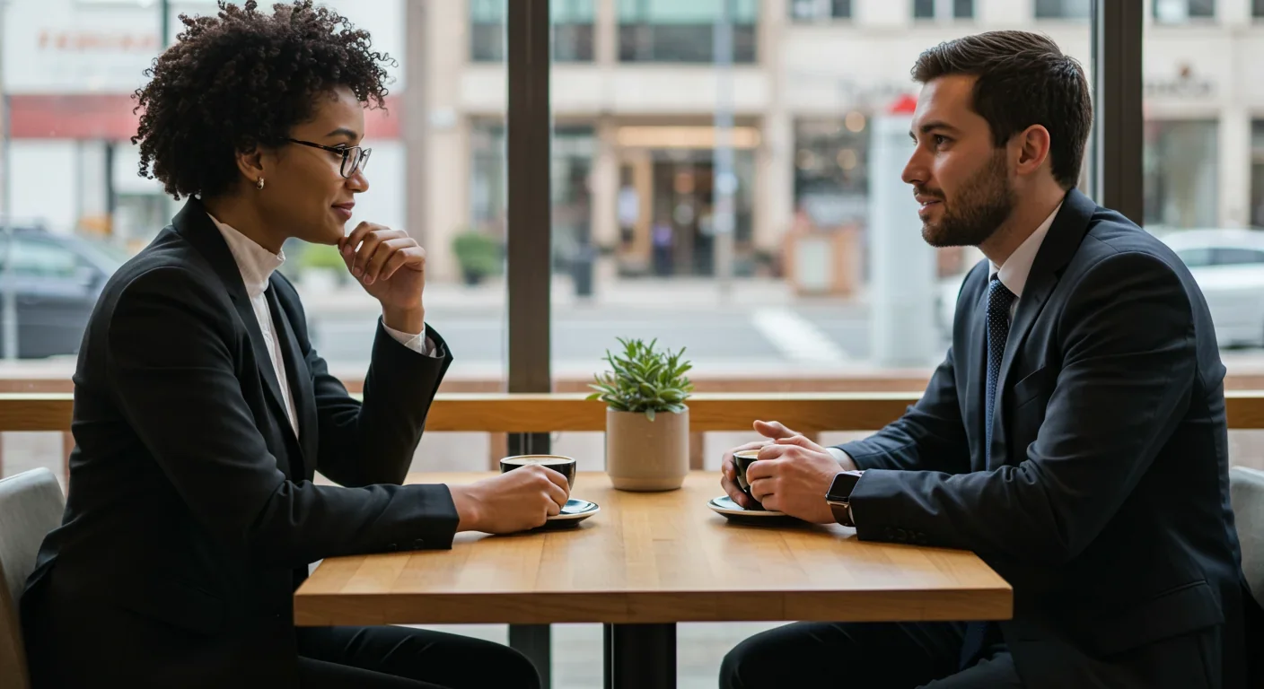 Two professionals having respectful conversation over coffee with attentive body language and natural lighting