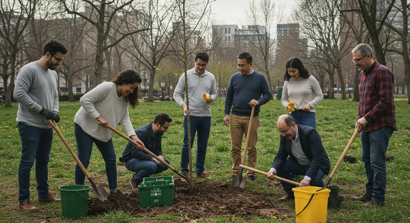 Diverse group collaborating on community tree-planting project in urban park