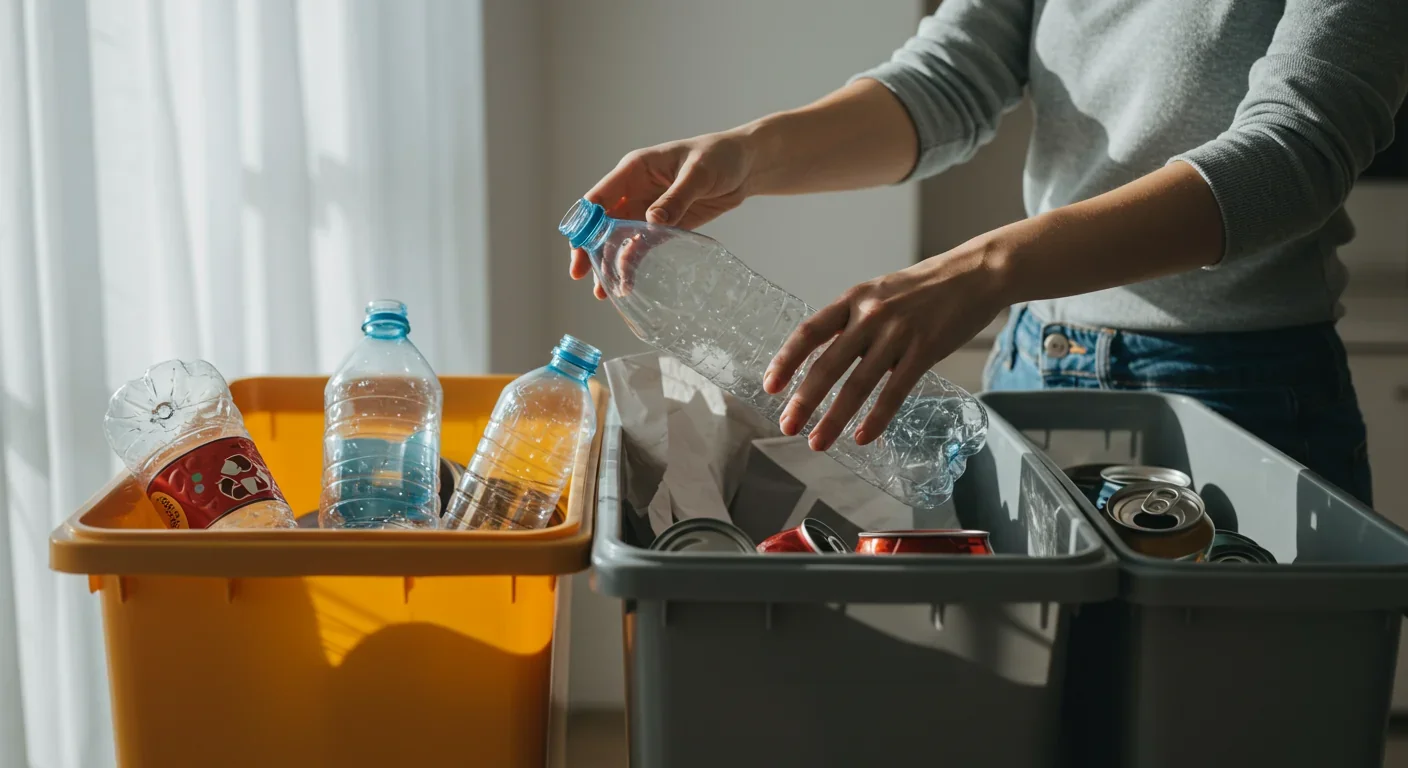 Hands sorting recyclable materials into separate bins in kitchen