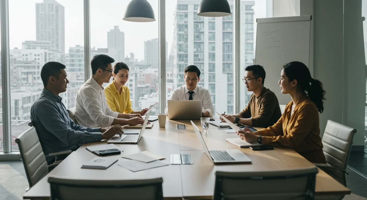 Diverse team of professionals collaborating in modern office meeting