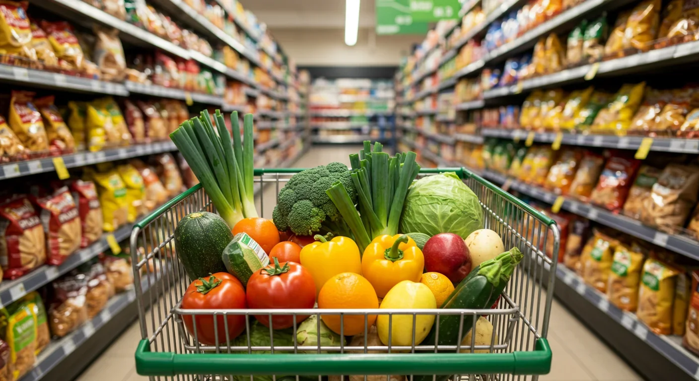 Shopping cart with organic vegetables in grocery store aisle