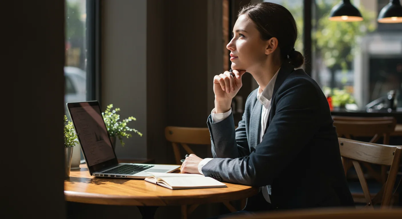Person reflecting thoughtfully while sitting at cafe with laptop