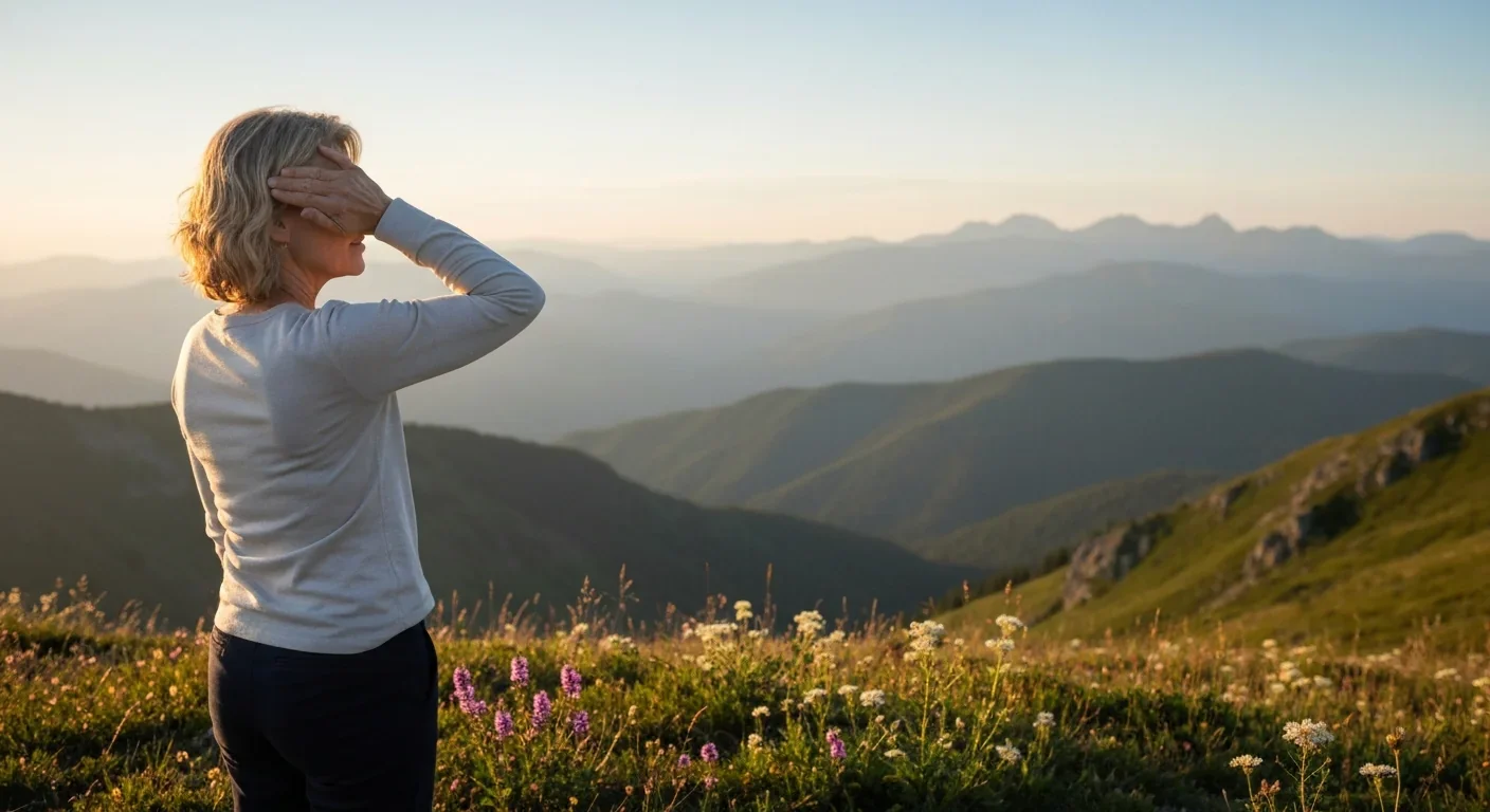 Adult woman covering one eye while observing a layered mountain landscape demonstrating natural depth through motion parallax