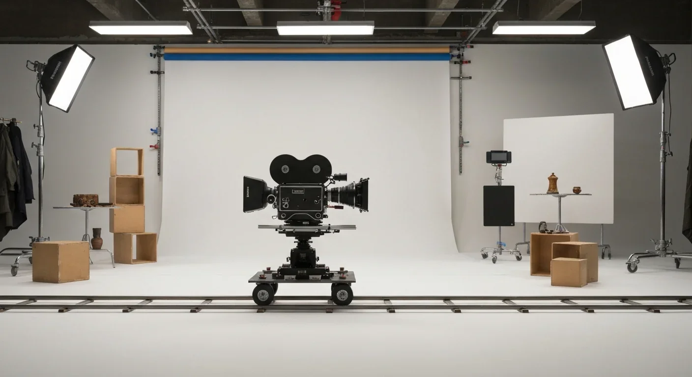 Vintage film camera on a dolly track with foreground props and background set pieces showing cinematic depth layers