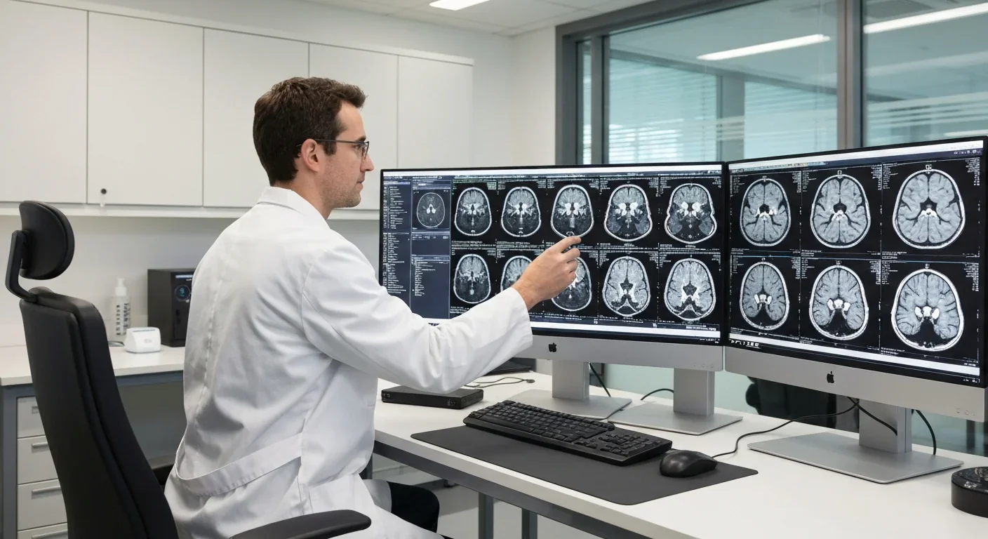 Neuroscience researcher examining brain scan images on a monitor in a modern laboratory studying visual processing