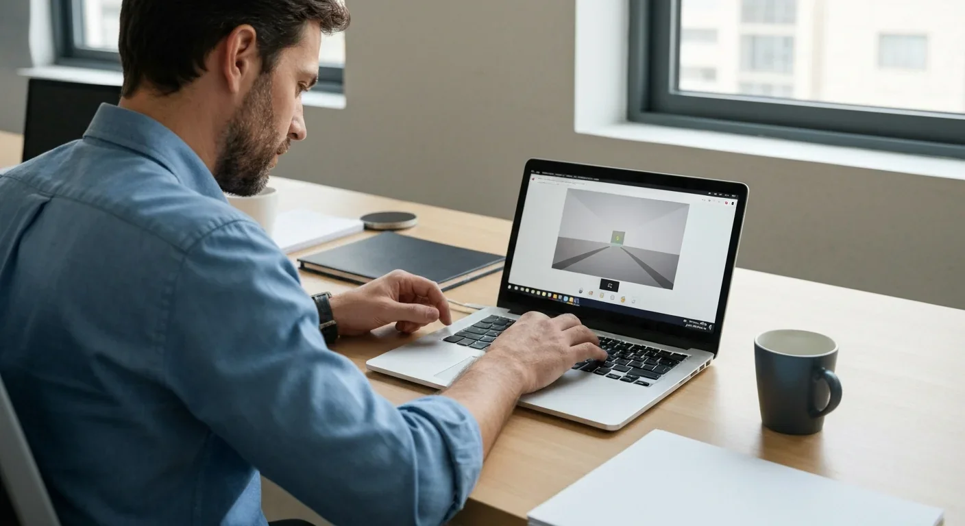 Adult man using a laptop with head-tracking camera displaying a 3D scene with visible depth separation on screen