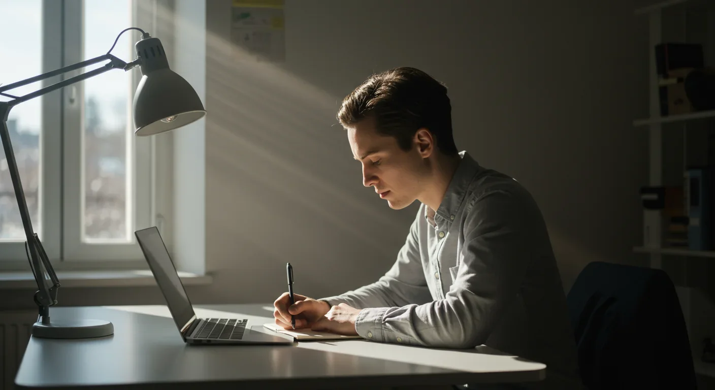 Student engaged in focused learning with notebook, demonstrating optimal memory encoding