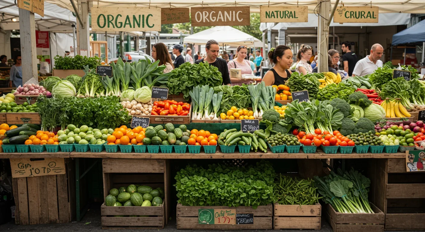Colorful display of organic fruits and vegetables at a farmers market stall
