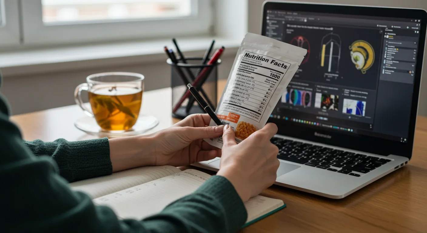 Person critically analyzing food product labels and researching nutritional information