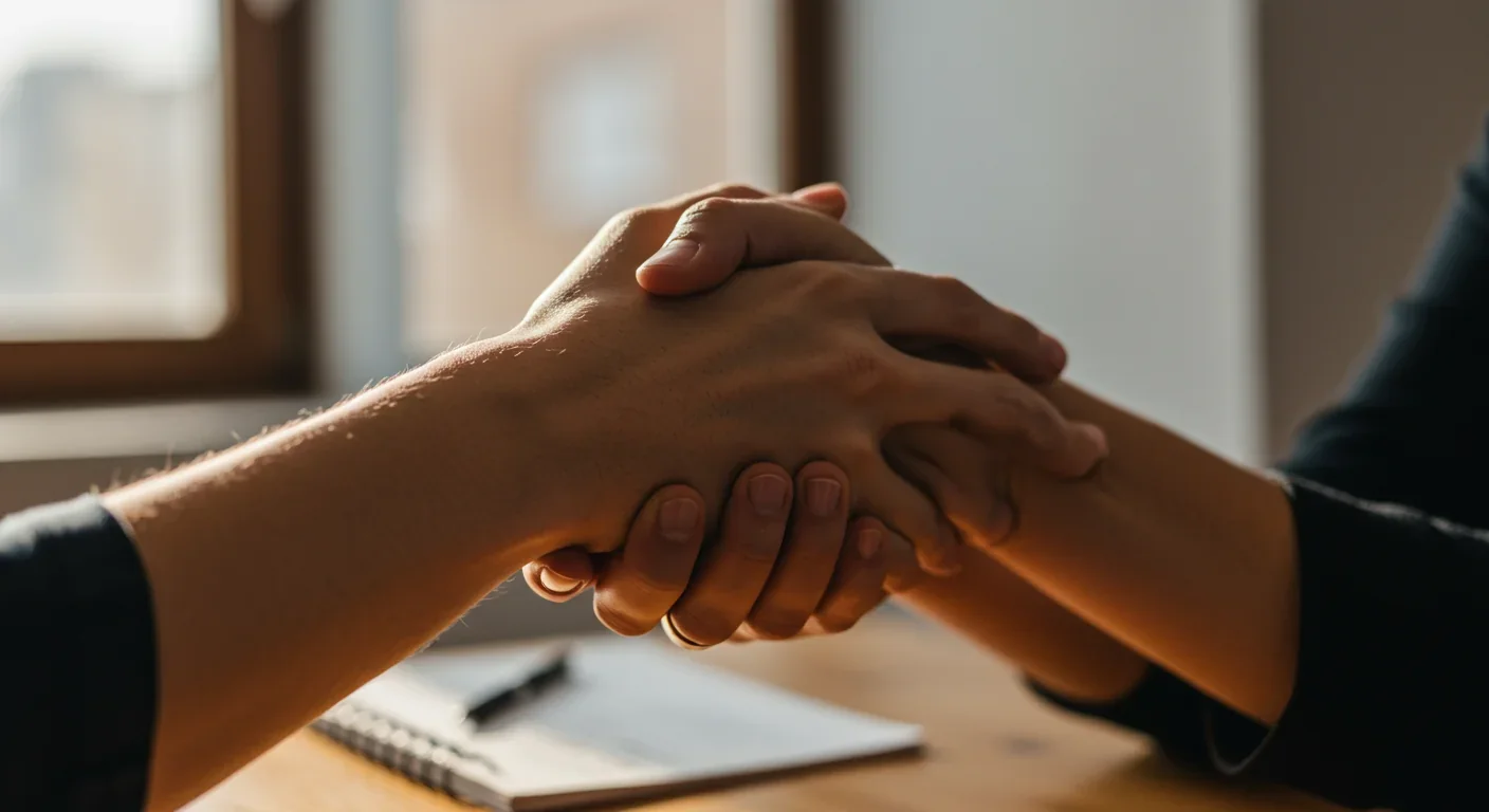 Close-up of two people's hands clasping in supportive gesture showing human connection and trust