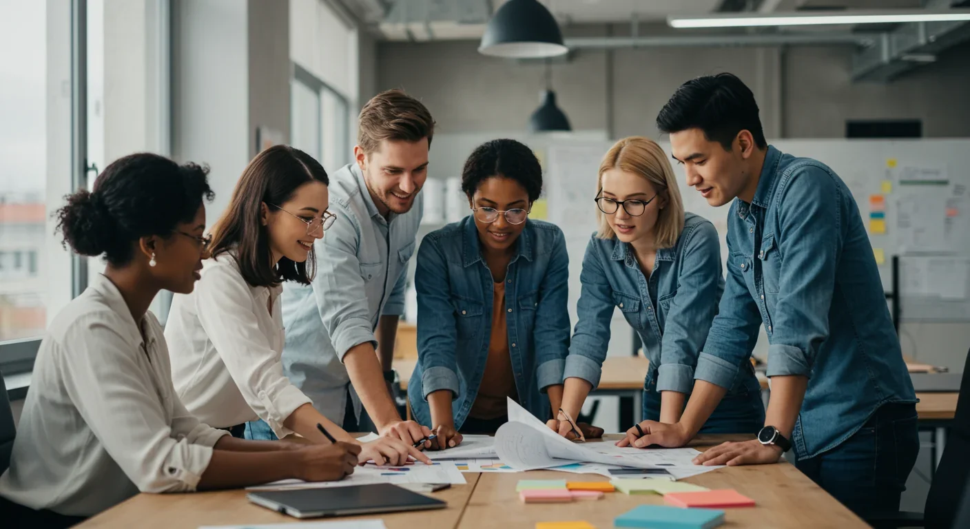 Diverse team collaborating over shared project in modern workspace showing genuine engagement and cooperation