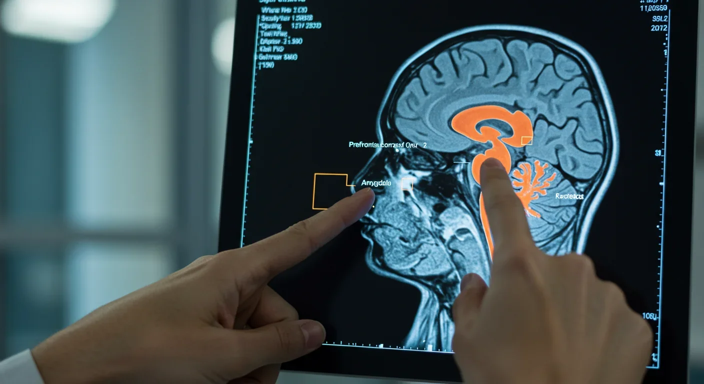 Neuroscientist examining brain MRI scan highlighting prefrontal cortex and amygdala regions involved in belief formation