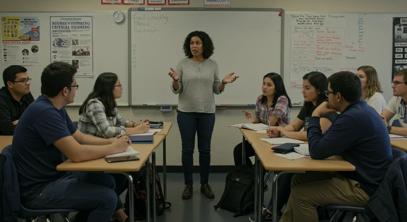 High school teacher facilitating media literacy discussion with engaged diverse students using fact-checking resources