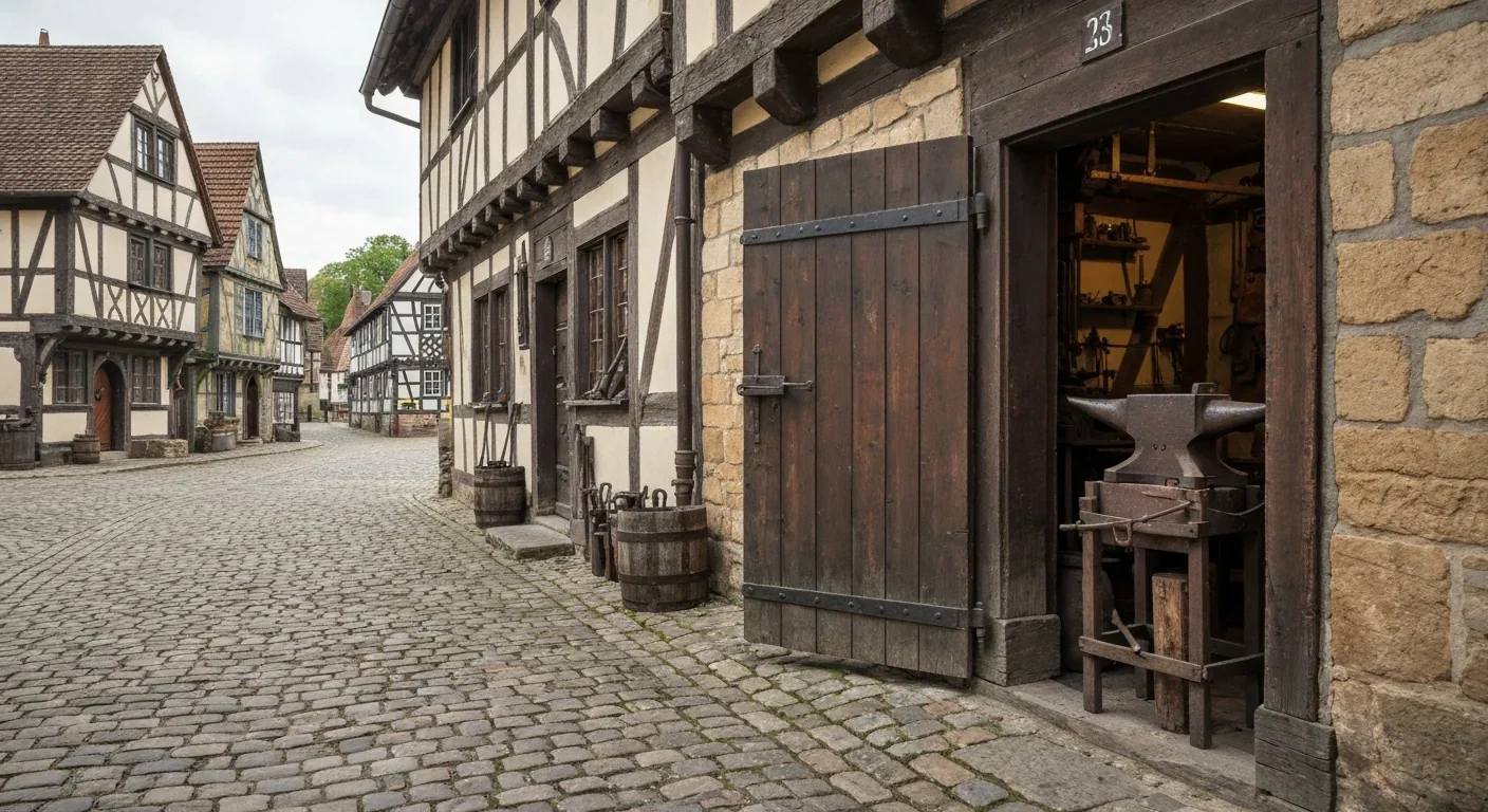 Medieval village blacksmith workshop with iron anvil visible through an open wooden door