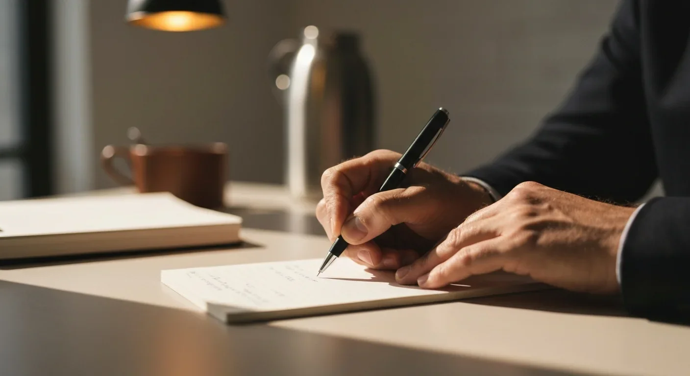 Close-up of adult hands writing notes on a notepad with a pen under warm overhead light
