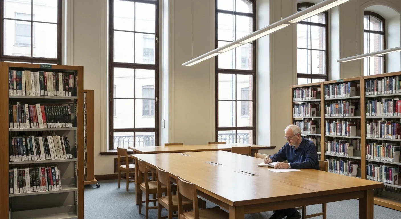University library reading room with academic journals on shelves and a researcher at a wooden table