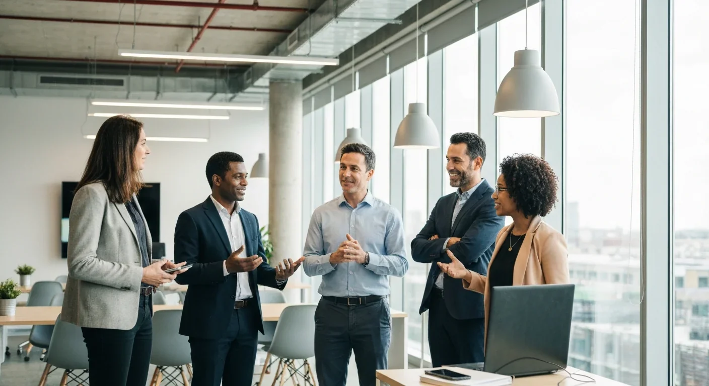 Three diverse adult professionals talking in a modern open-plan office with natural light
