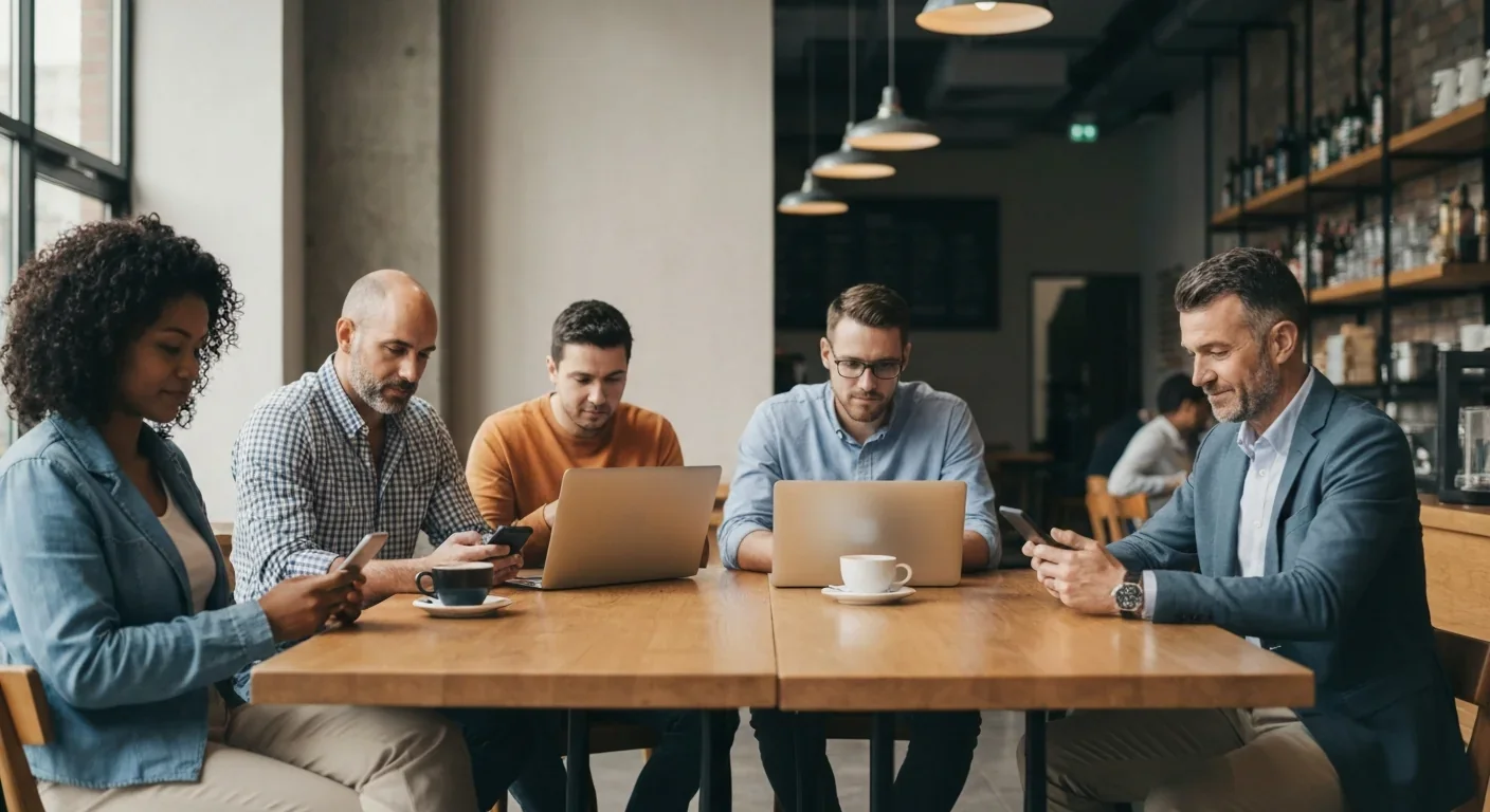 Adults using smartphones in coffee shop showing digital isolation despite physical proximity