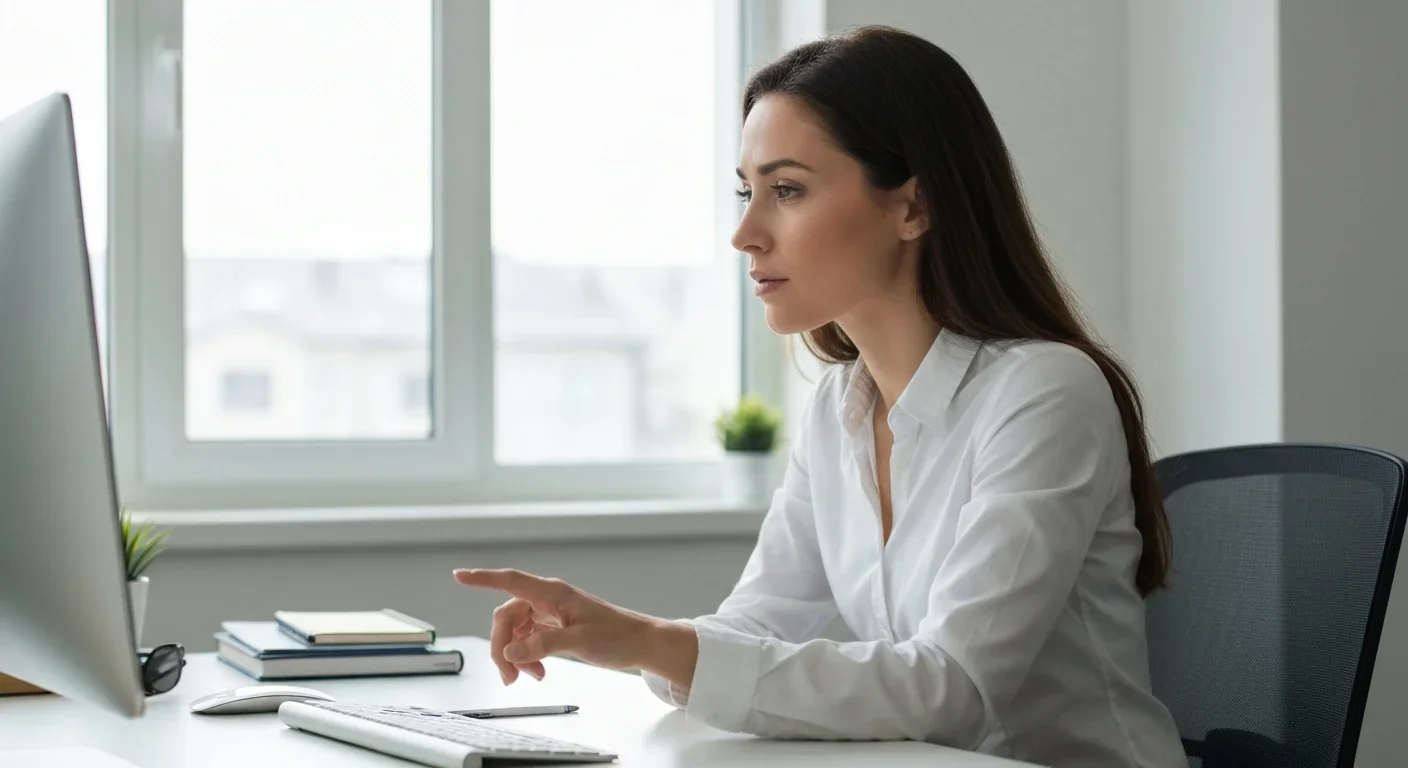 Woman pausing thoughtfully before typing, demonstrating digital mindfulness