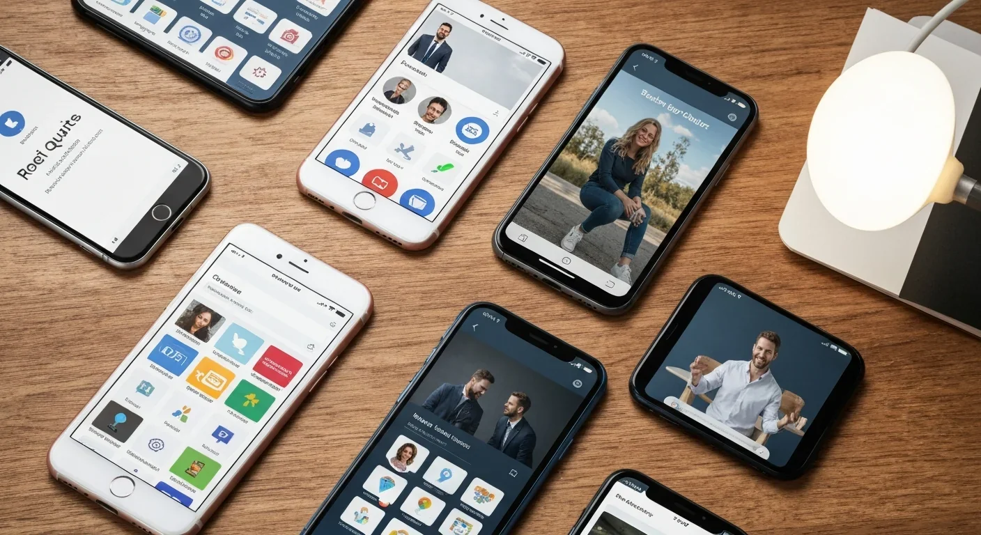 Multiple smartphones displaying different social media platforms and interfaces